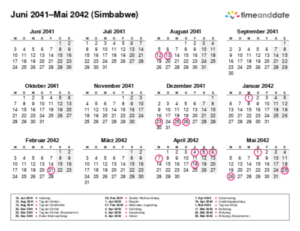 Kalender für 2041 in Simbabwe