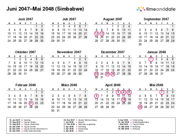 Kalender für 2047 in Simbabwe