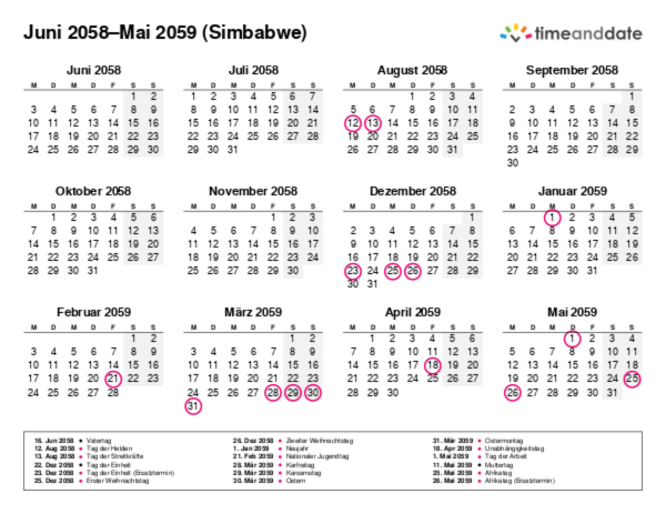 Kalender für 2058 in Simbabwe