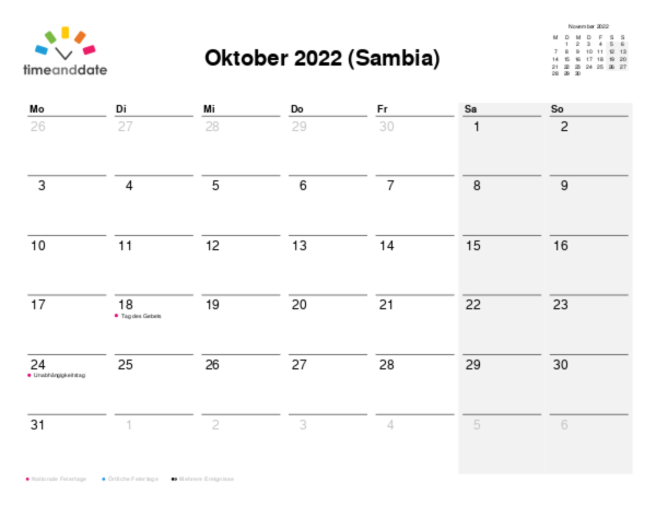 Kalender für 2022 in Sambia