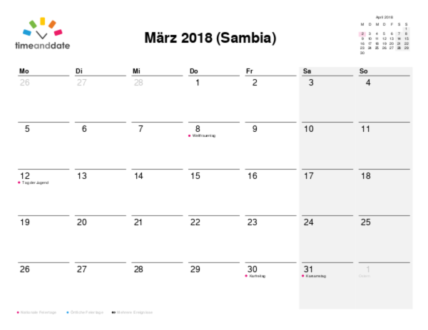 Kalender für 2018 in Sambia