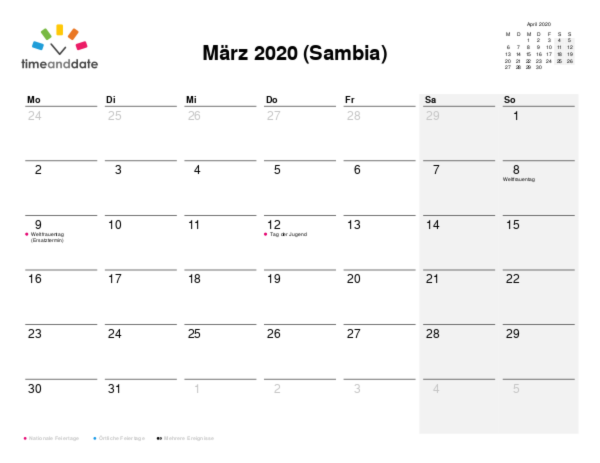 Kalender für 2020 in Sambia
