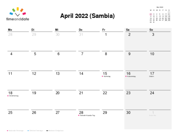 Kalender für 2022 in Sambia