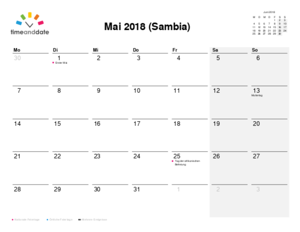 Kalender für 2018 in Sambia