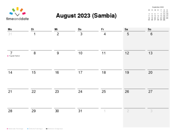 Kalender für 2023 in Sambia