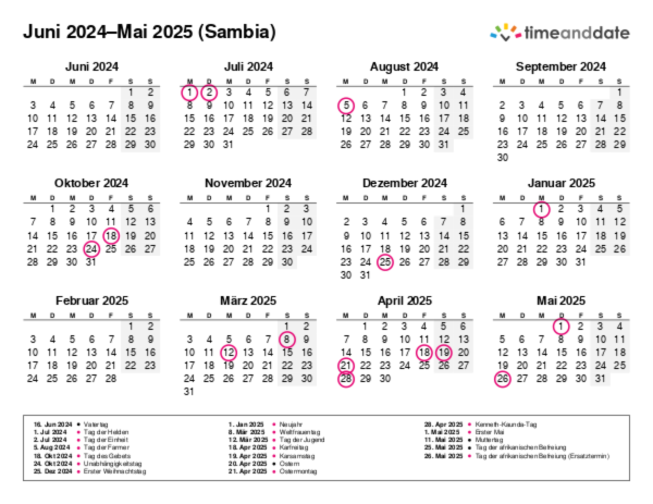 Kalender für 2024 in Sambia
