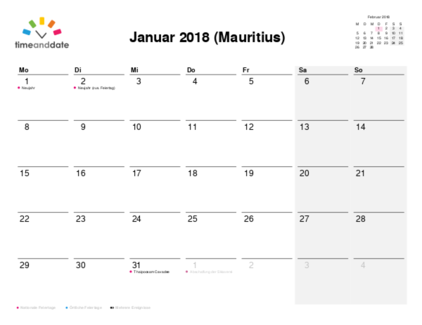 Kalender für 2018 in Mauritius