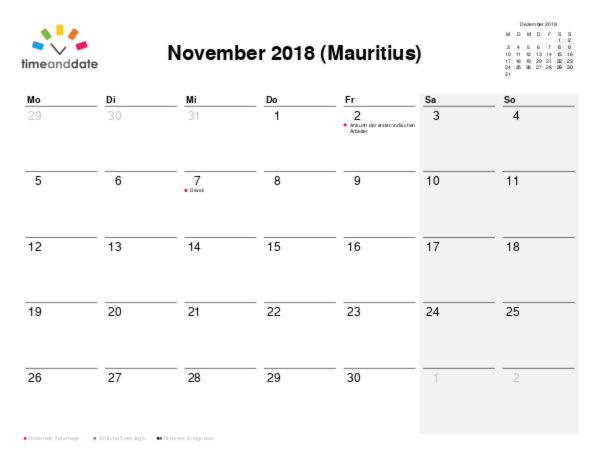Kalender für 2018 in Mauritius