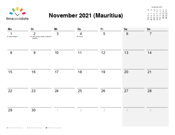 Kalender für 2021 in Mauritius