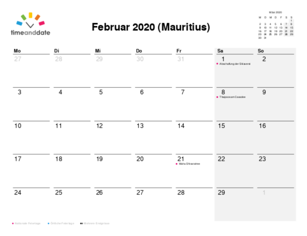 Kalender für 2020 in Mauritius