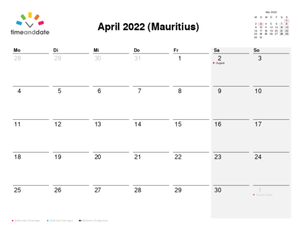 Kalender für 2022 in Mauritius