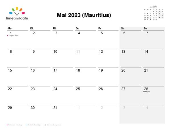 Kalender für 2023 in Mauritius