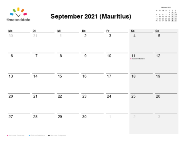 Kalender für 2021 in Mauritius
