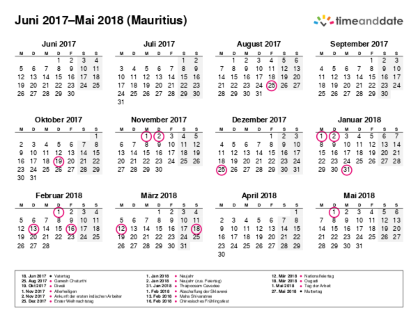 Kalender für 2017 in Mauritius