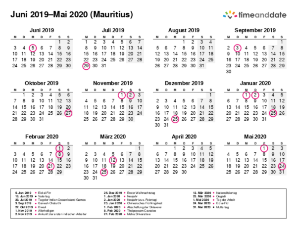 Kalender für 2019 in Mauritius