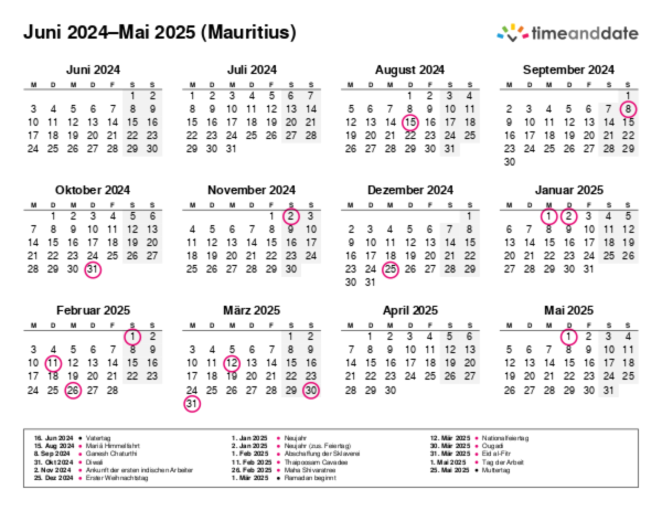 Kalender für 2024 in Mauritius