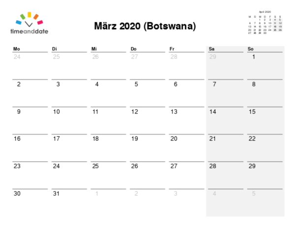 Kalender für 2020 in Botswana