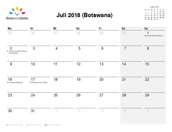 Kalender für 2018 in Botswana