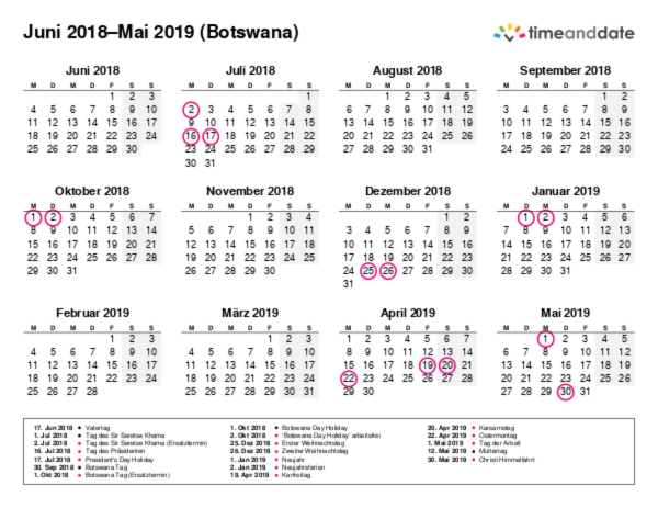 Kalender für 2018 in Botswana