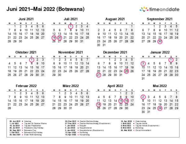 Kalender für 2021 in Botswana