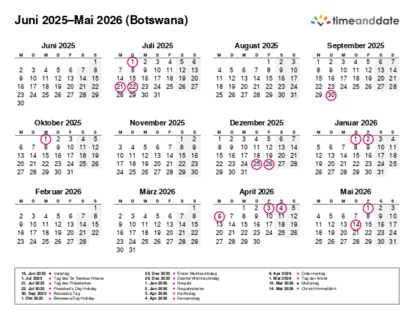 Kalender für 2025 in Botswana