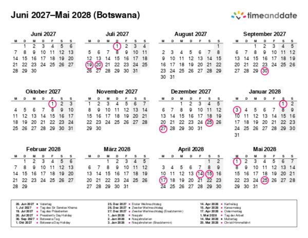 Kalender für 2027 in Botswana