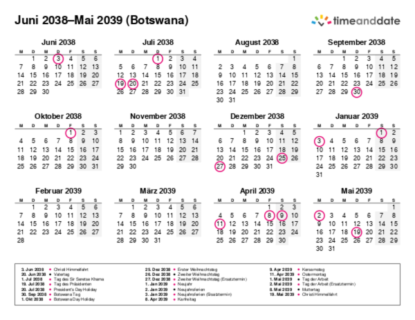 Kalender für 2038 in Botswana