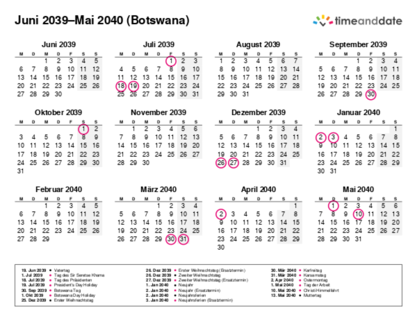 Kalender für 2039 in Botswana