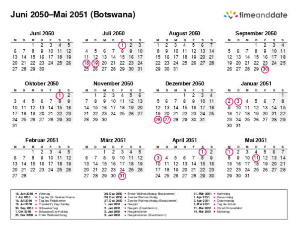 Kalender für 2050 in Botswana