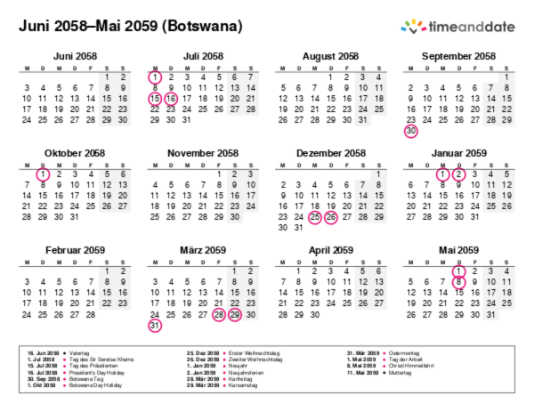 Kalender für 2058 in Botswana