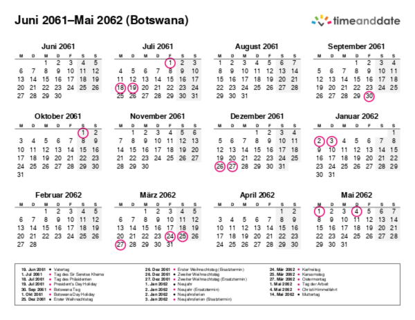 Kalender für 2061 in Botswana