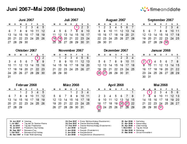 Kalender für 2067 in Botswana
