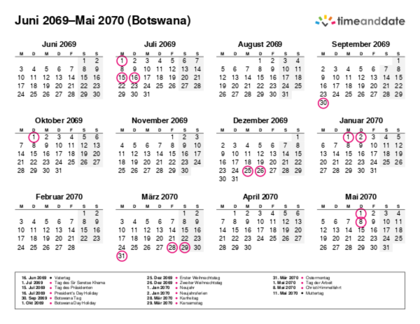 Kalender für 2069 in Botswana