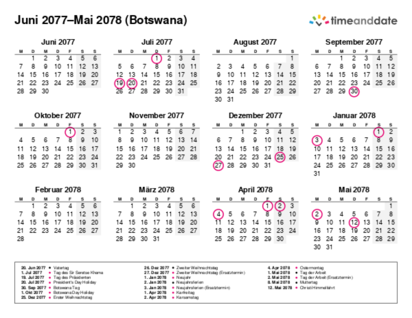 Kalender für 2077 in Botswana