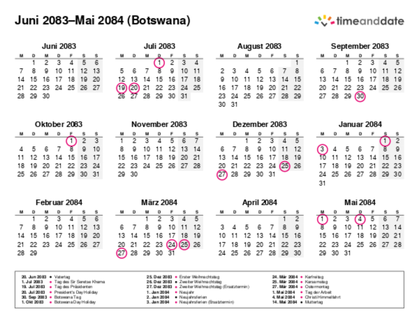 Kalender für 2083 in Botswana