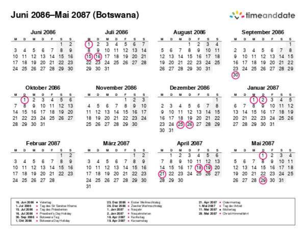 Kalender für 2086 in Botswana