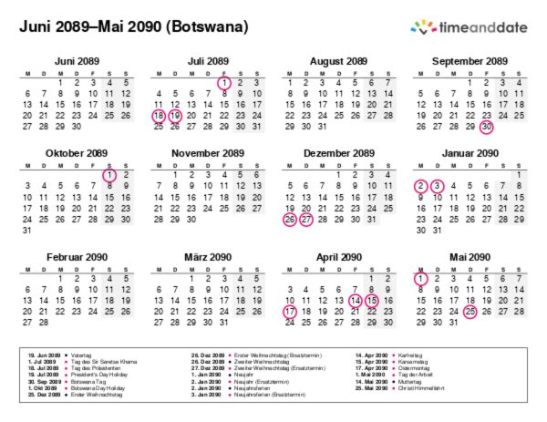 Kalender für 2089 in Botswana