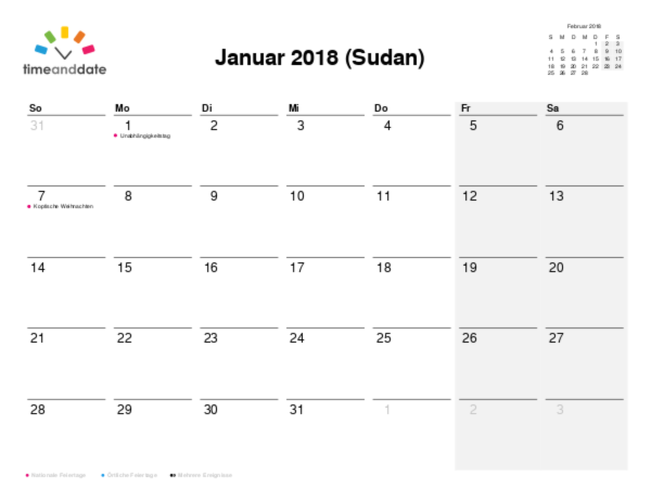 Kalender für 2018 in Sudan