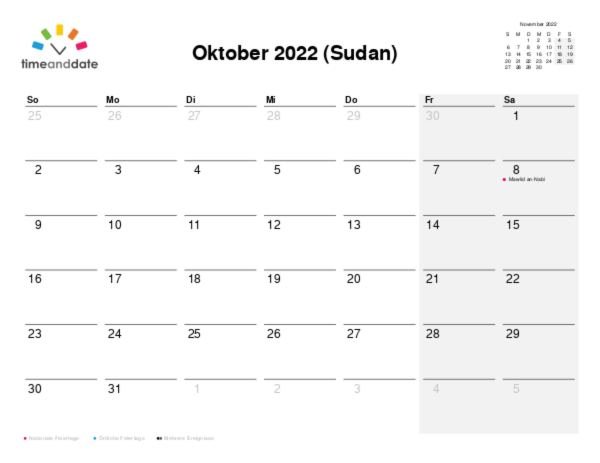 Kalender für 2022 in Sudan