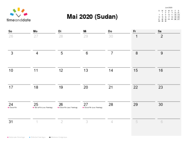 Kalender für 2020 in Sudan