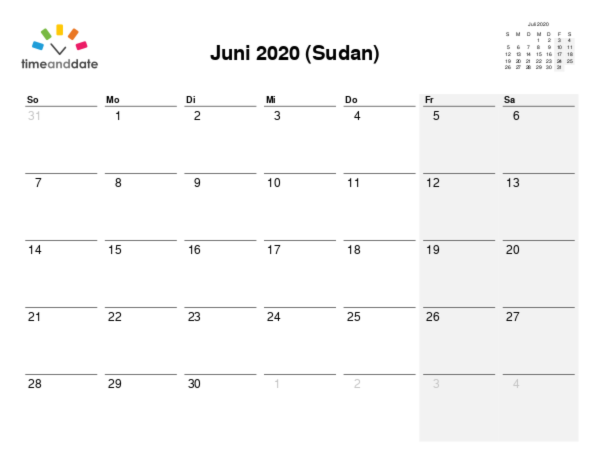 Kalender für 2020 in Sudan