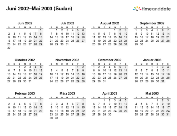 Kalender für 2002 in Sudan