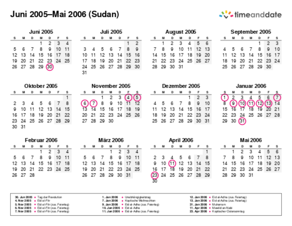 Kalender für 2005 in Sudan