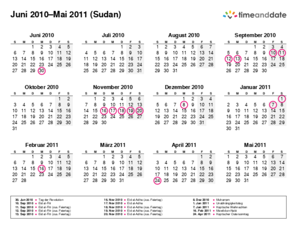 Kalender für 2010 in Sudan