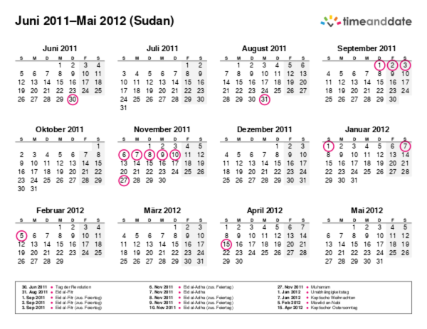 Kalender für 2011 in Sudan