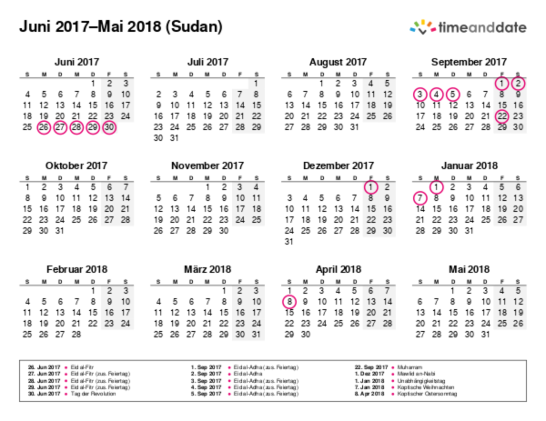 Kalender für 2017 in Sudan