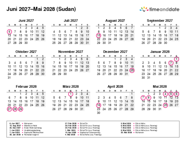 Kalender für 2027 in Sudan
