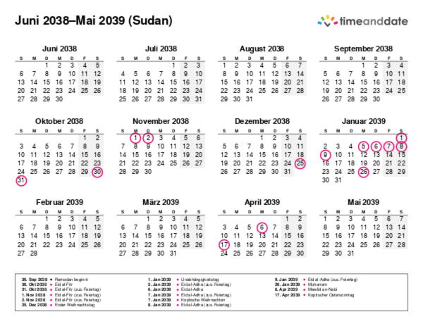 Kalender für 2038 in Sudan