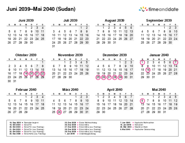Kalender für 2039 in Sudan
