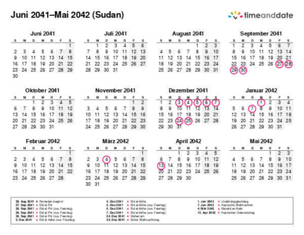 Kalender für 2041 in Sudan